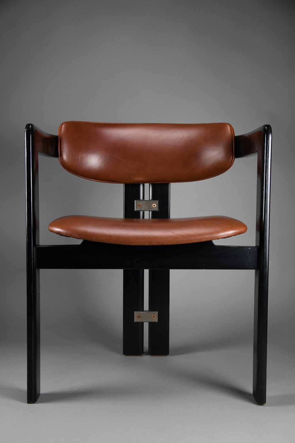 1960s Pamona armchair by Augusto Savini for Pozzi Italy – sculptural black lacquer & cognac leather - Furniture