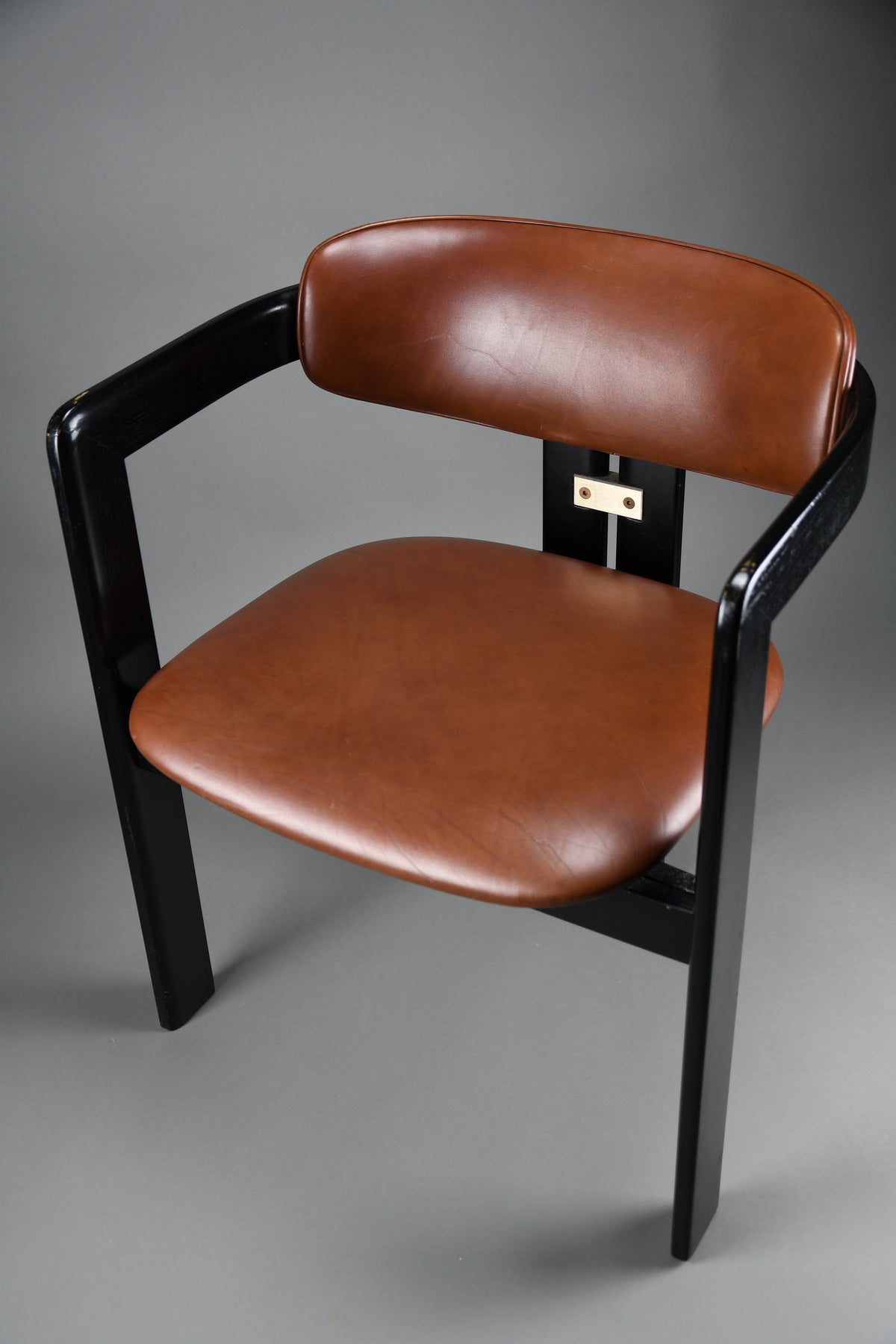 1960s Pamona armchair by Augusto Savini for Pozzi Italy – sculptural black lacquer & cognac leather - Furniture