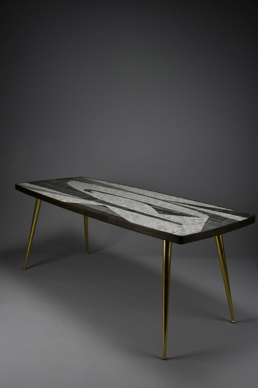 Berthold Müller abstract black & white glass mosaic coffee table with brass legs, 1950s