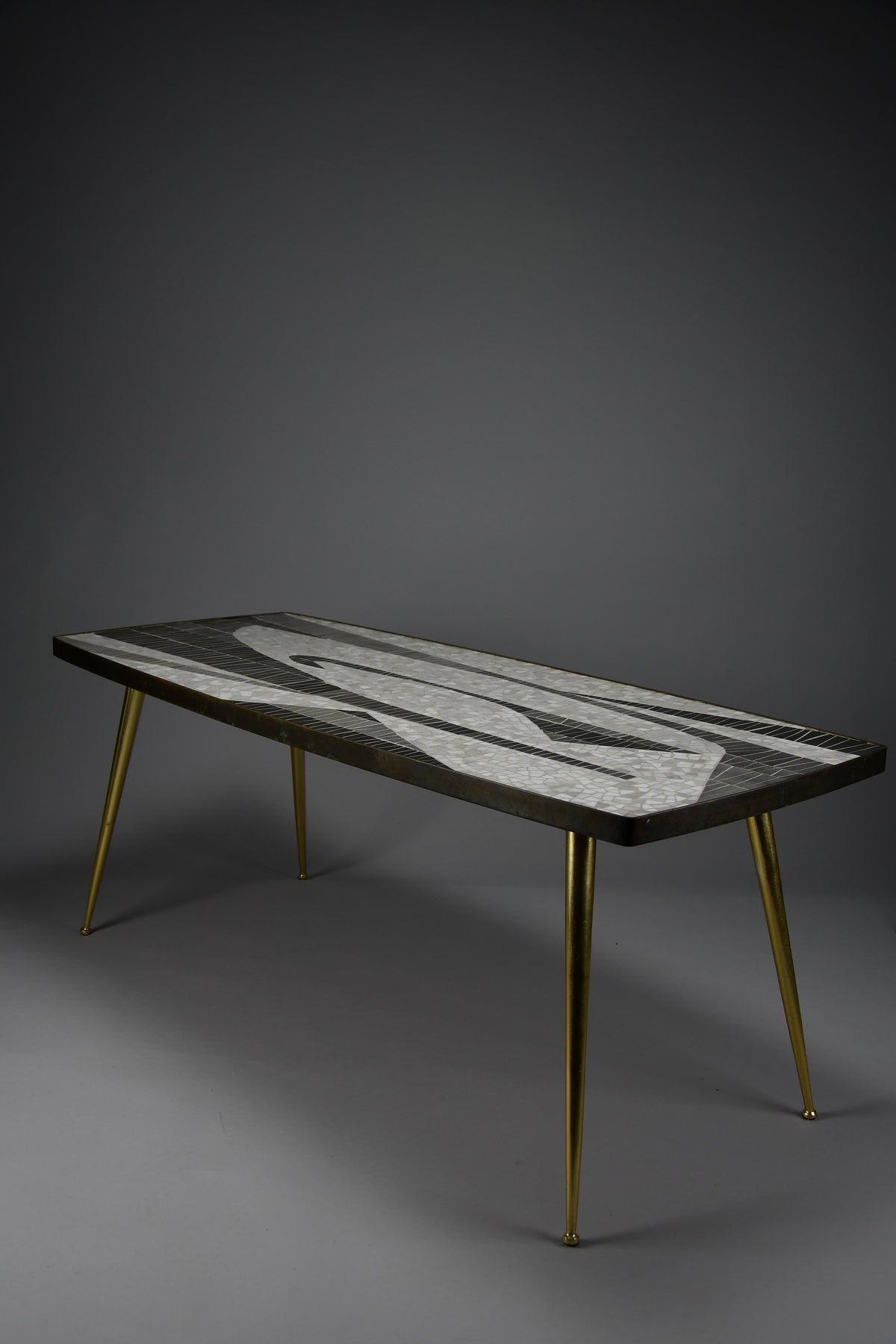 Berthold Müller abstract black & white glass mosaic coffee table with brass legs, 1950s