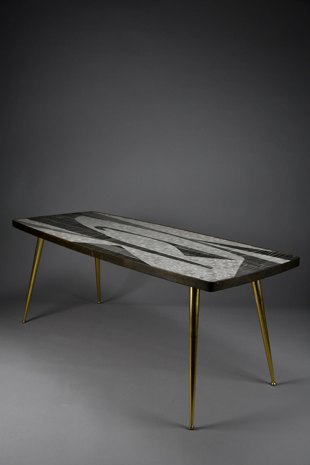 Berthold Müller abstract black & white glass mosaic coffee table with brass legs, 1950s