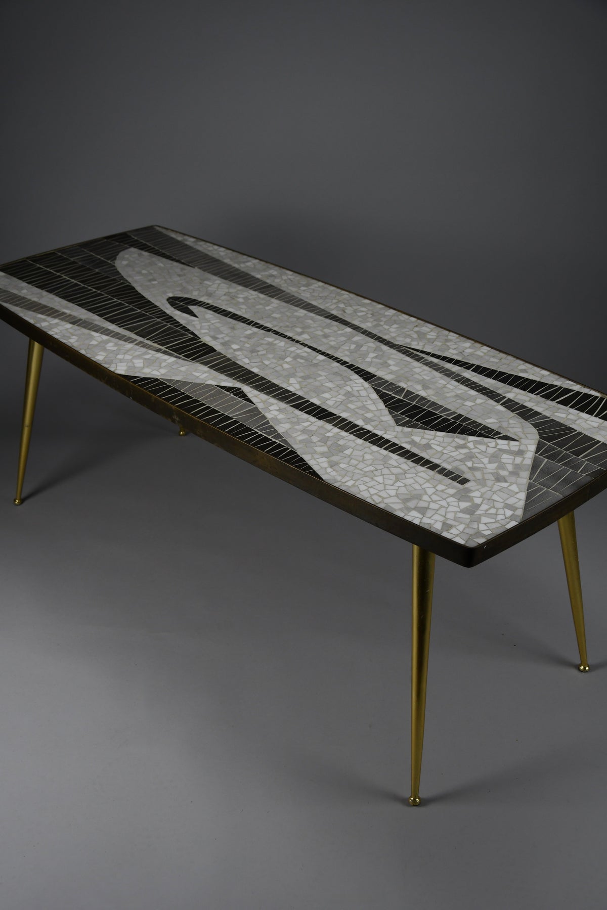 Berthold Müller abstract black & white glass mosaic coffee table with brass legs, 1950s