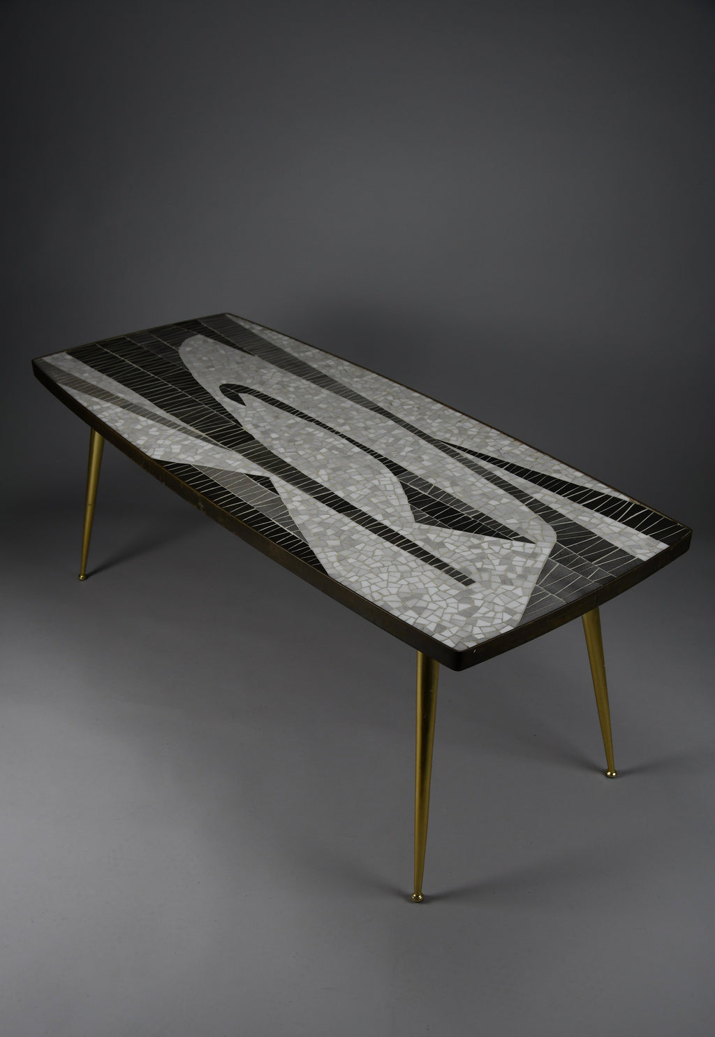 Berthold Müller abstract black & white glass mosaic coffee table with brass legs, 1950s