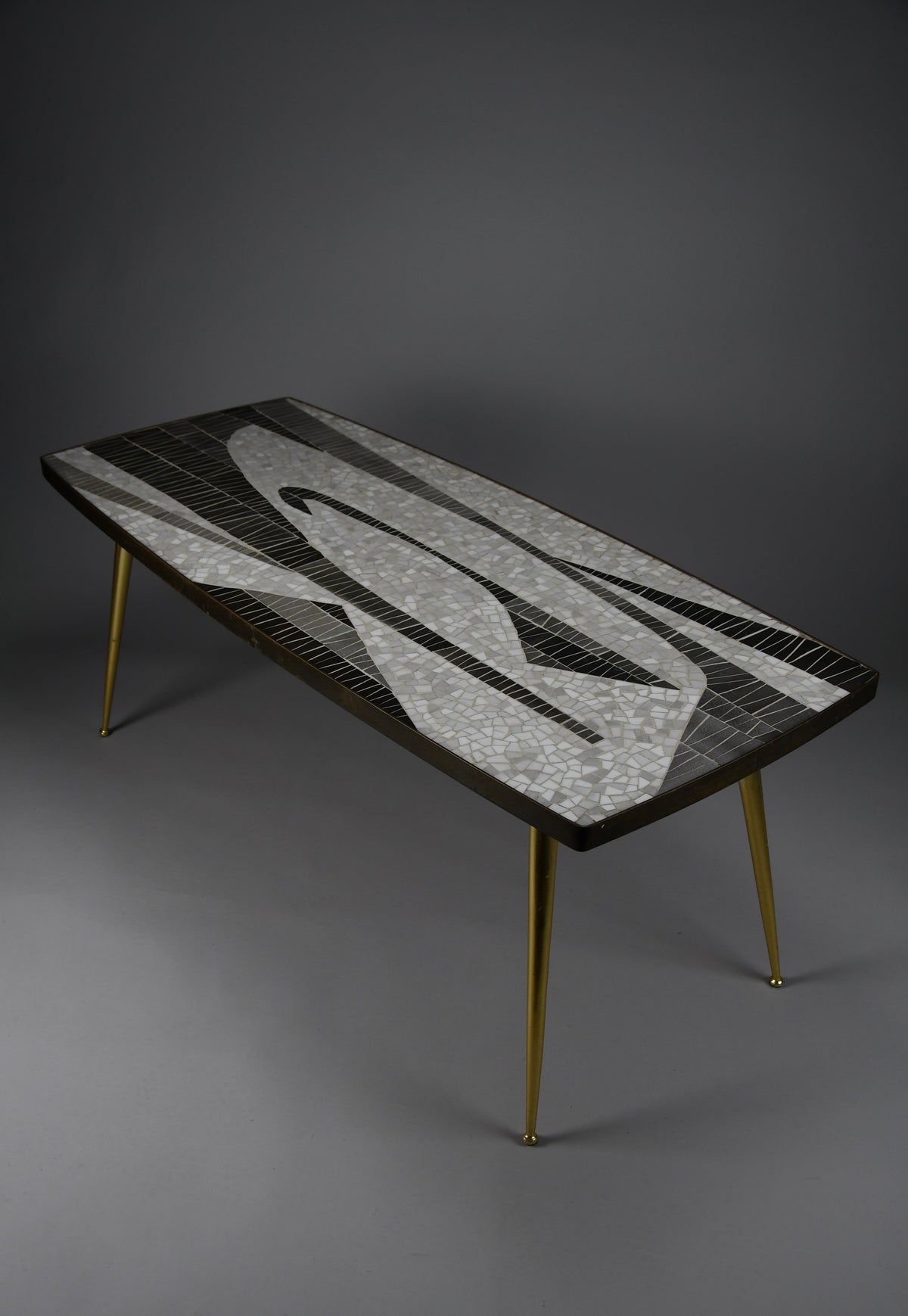 Berthold Müller abstract black & white glass mosaic coffee table with brass legs, 1950s