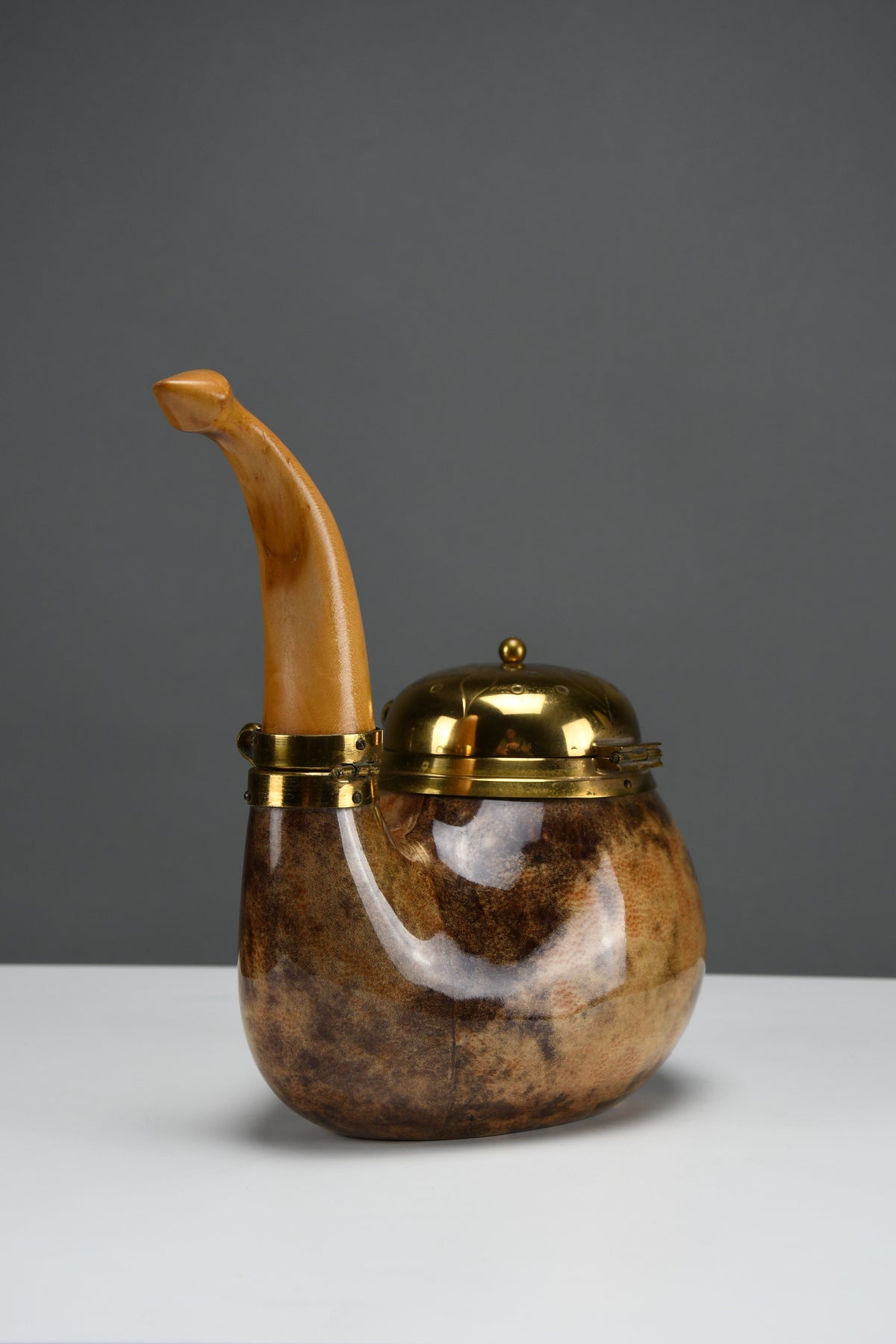 Aldo Tura for Macabo pipe-form tobacco & match box lacquered goatskin and brass Italy 1950s - Collectibles