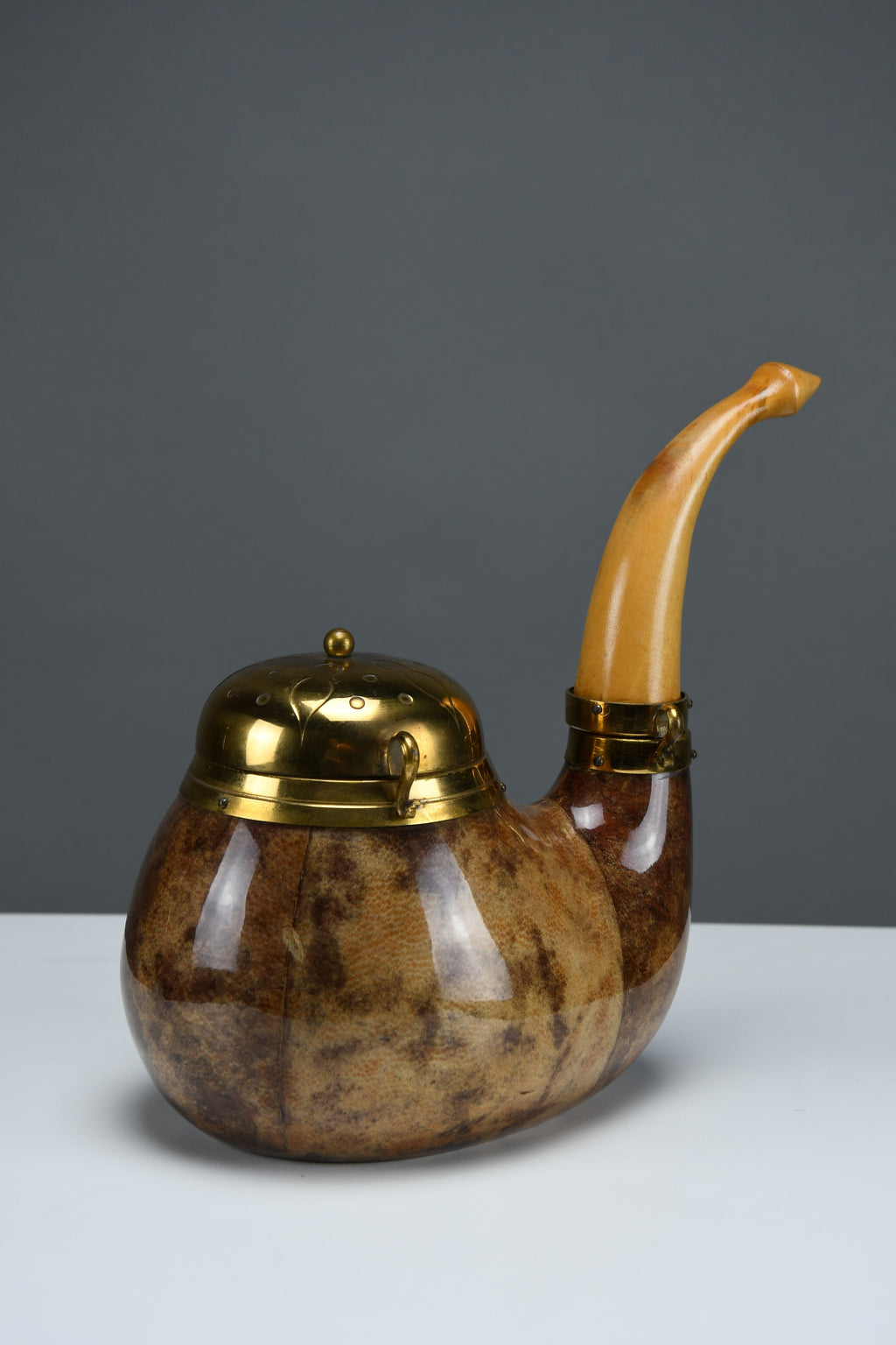 Aldo Tura for Macabo pipe-form tobacco & match box lacquered goatskin and brass Italy 1950s - Collectibles