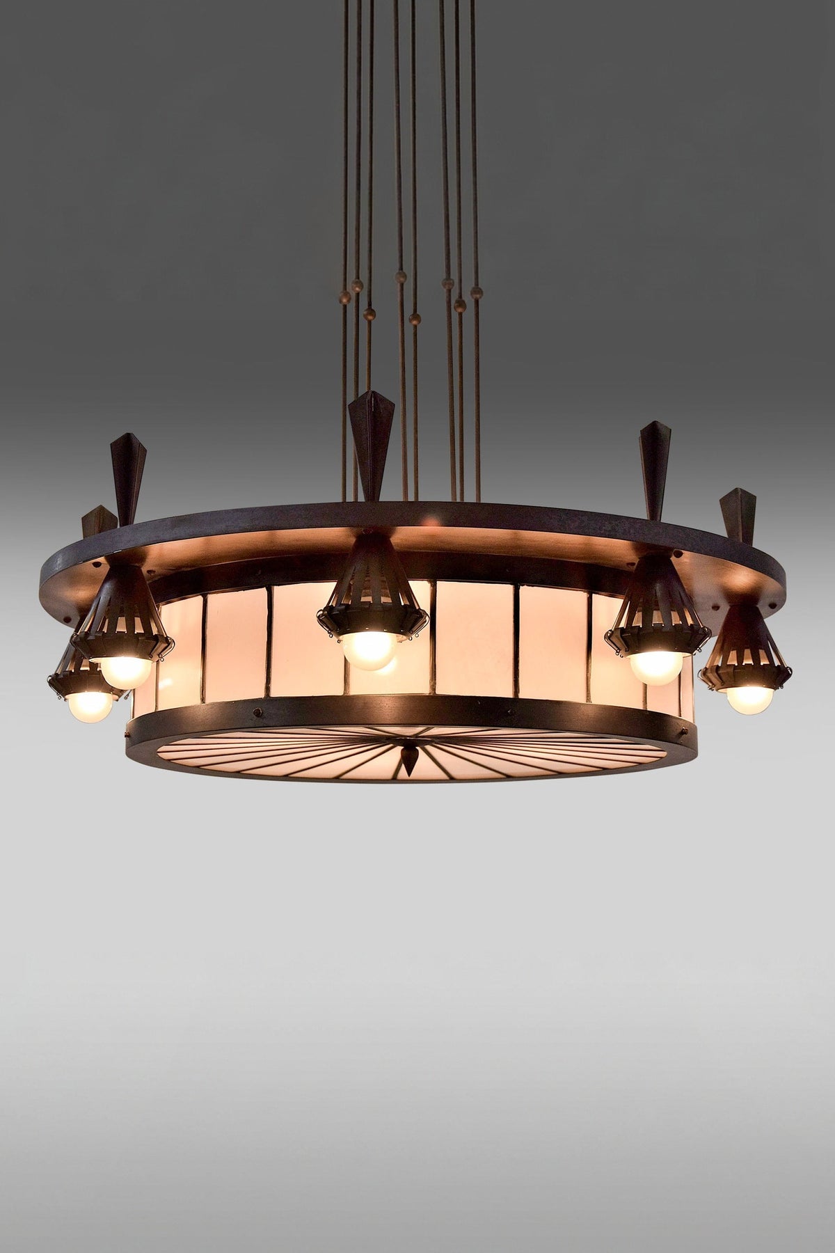Large 1920s art deco ring chandelier by Winkelman & van der Bijl Amsterdam, brass, copper and glass