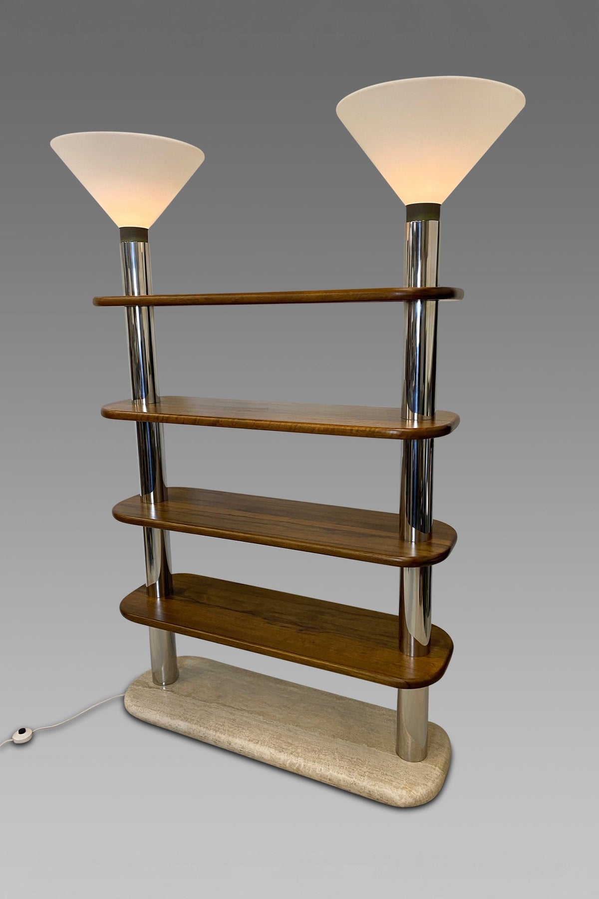 Postmodern Italian illuminated bookcase with Travertine base, Walnut shelves and chrome steel uplighters