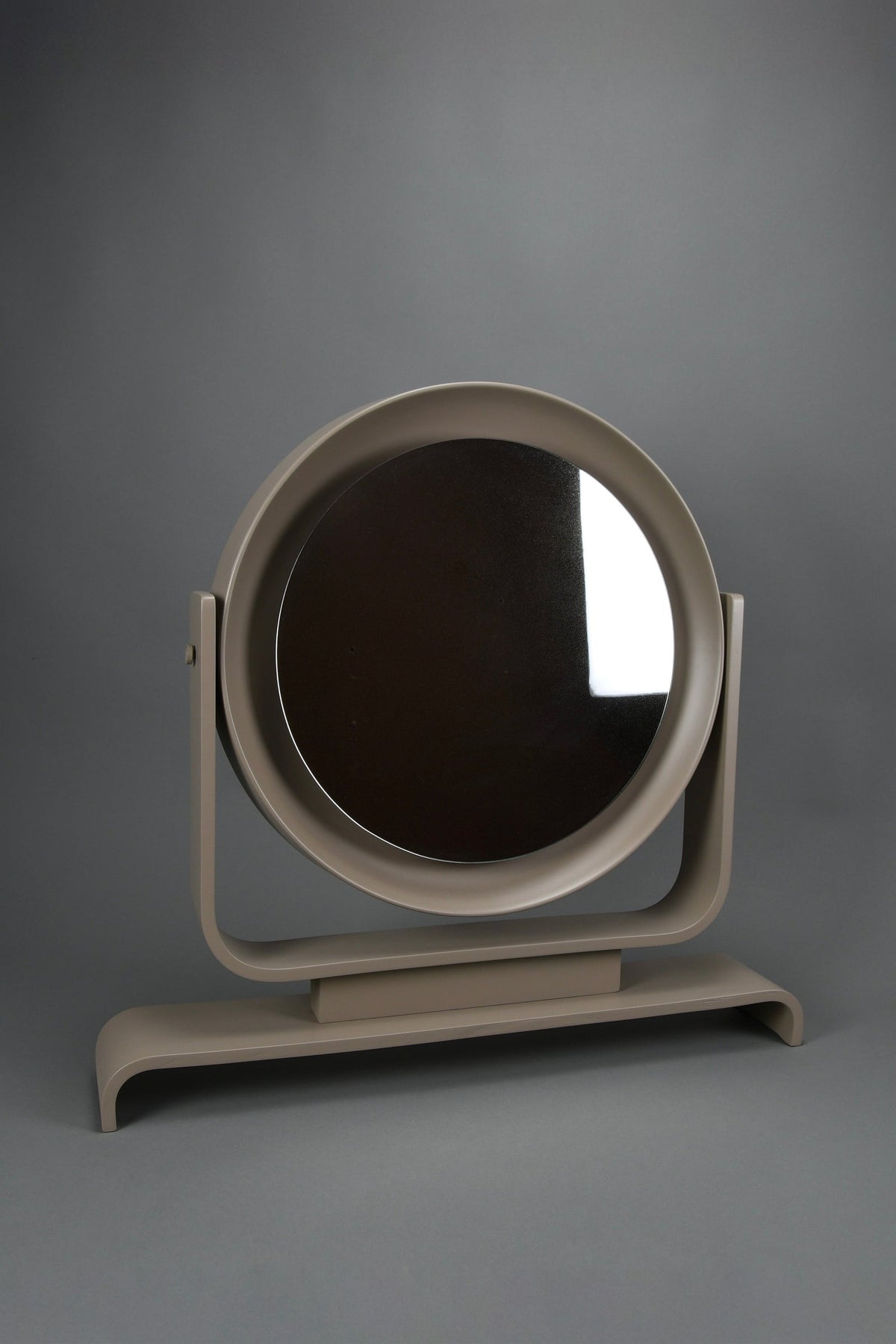 Italian postmodern vanity mirror in taupe lacquered wood, tilting, 1980s
