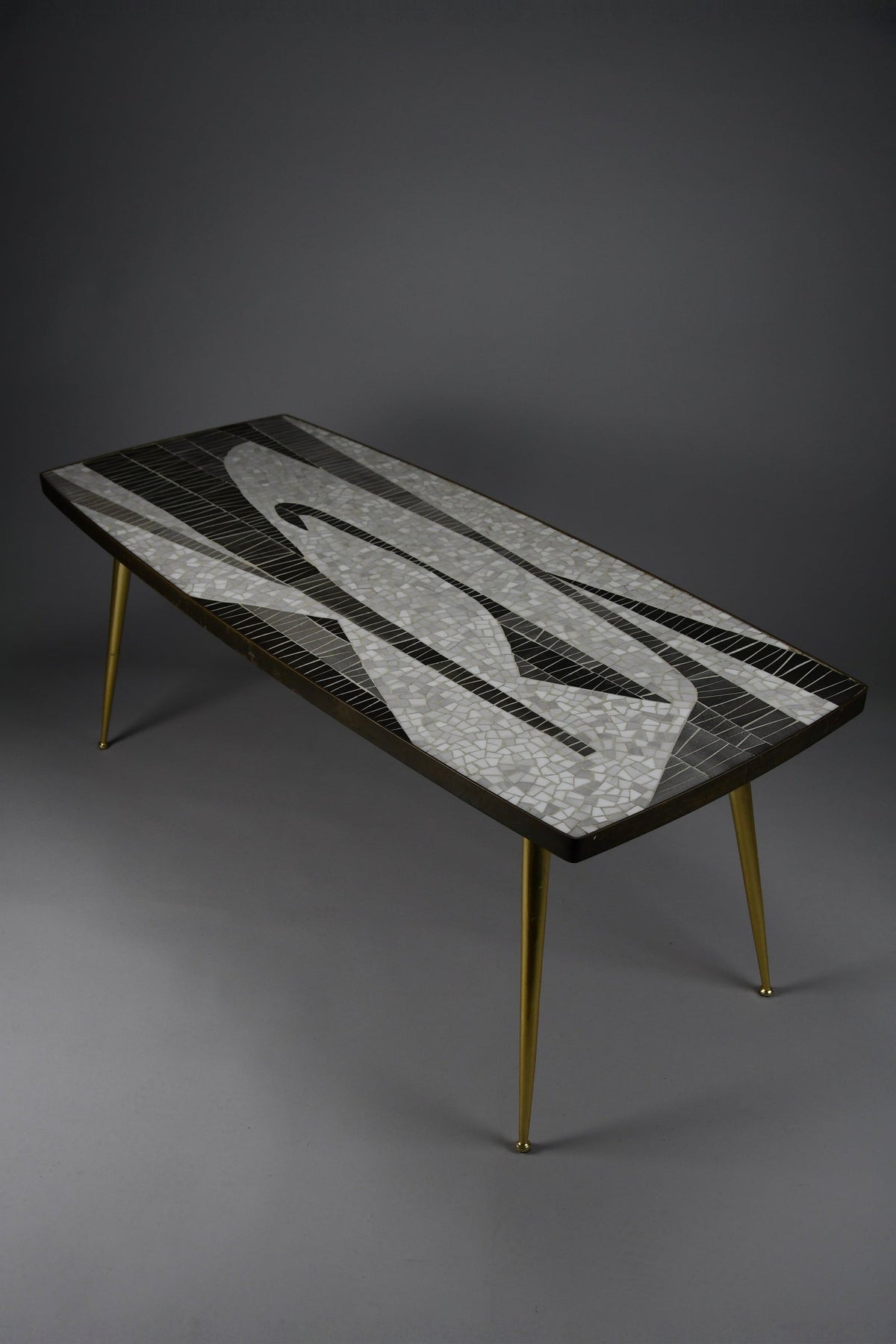 Berthold Müller abstract black & white glass mosaic coffee table with brass legs, 1950s
