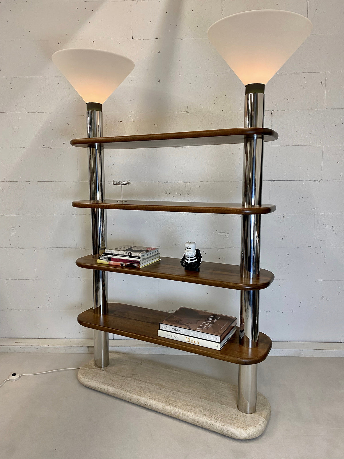 Italian Post Modern Travertine Wood and Polished Stainless Steel Bookcase - storage