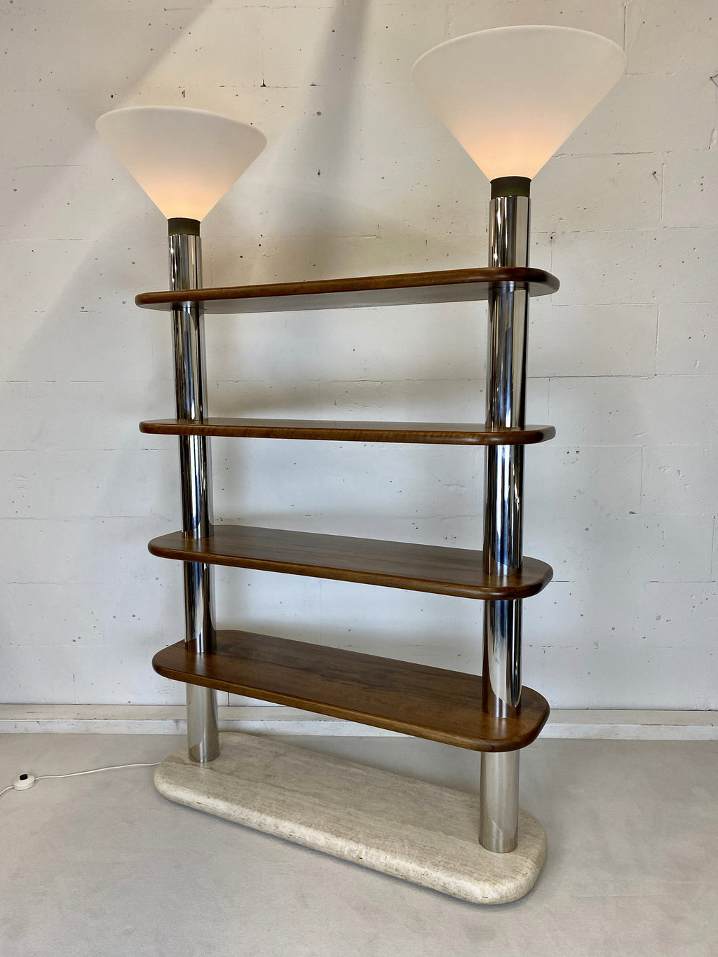 Italian Post Modern Travertine Wood and Polished Stainless Steel Bookcase - storage