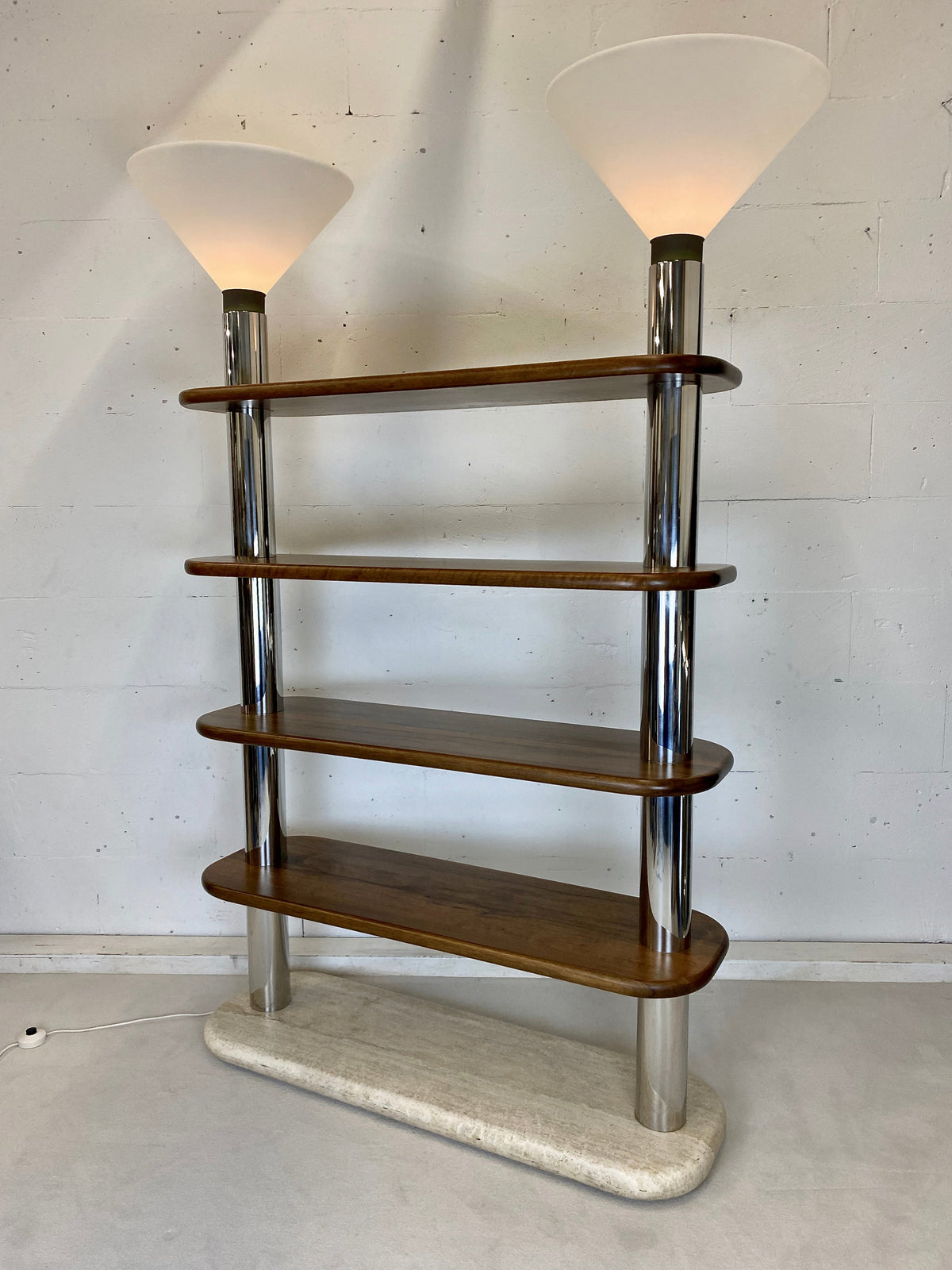Italian Post Modern Travertine Wood and Polished Stainless Steel Bookcase - storage