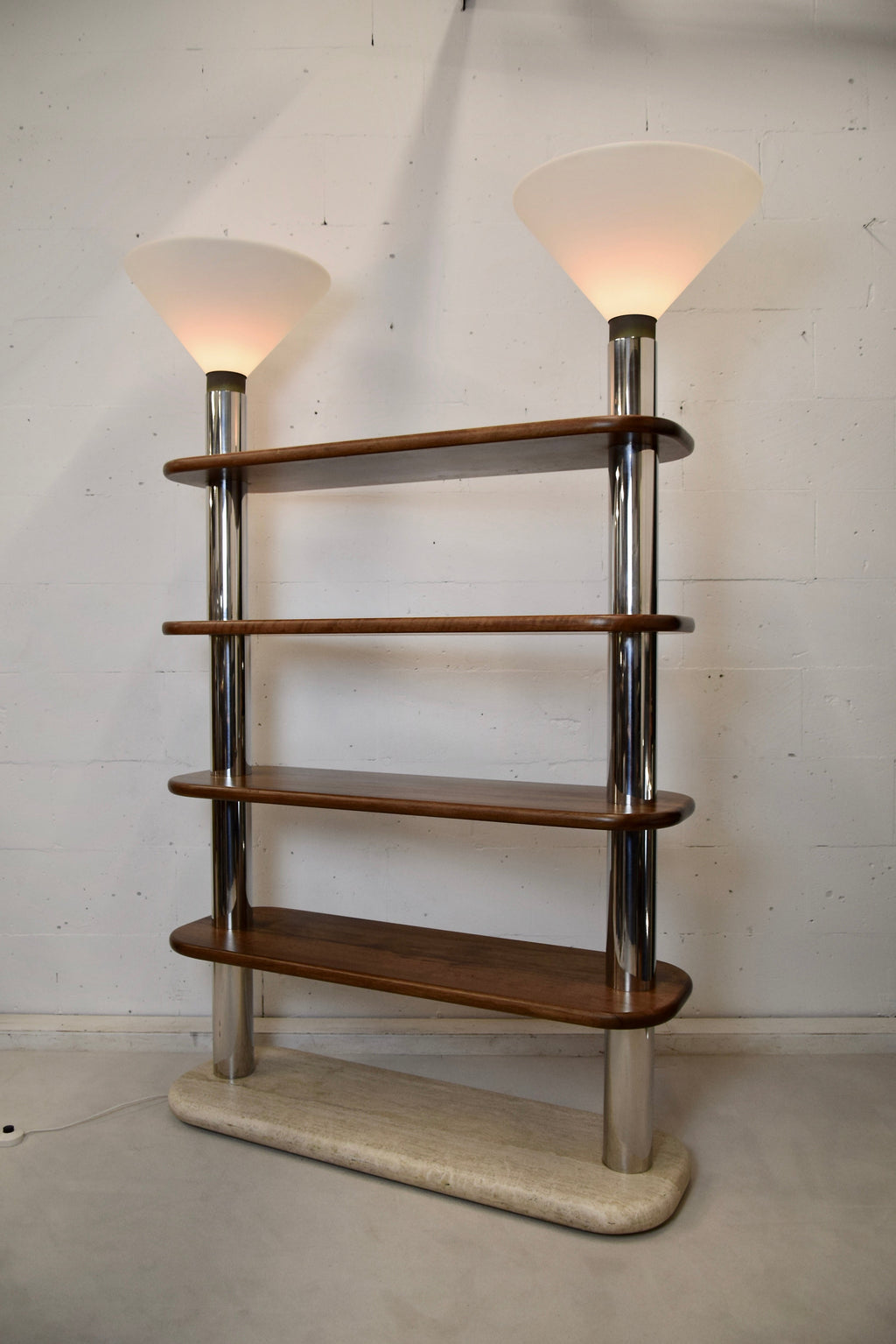 Italian Post Modern Travertine Wood and Polished Stainless Steel Bookcase - storage