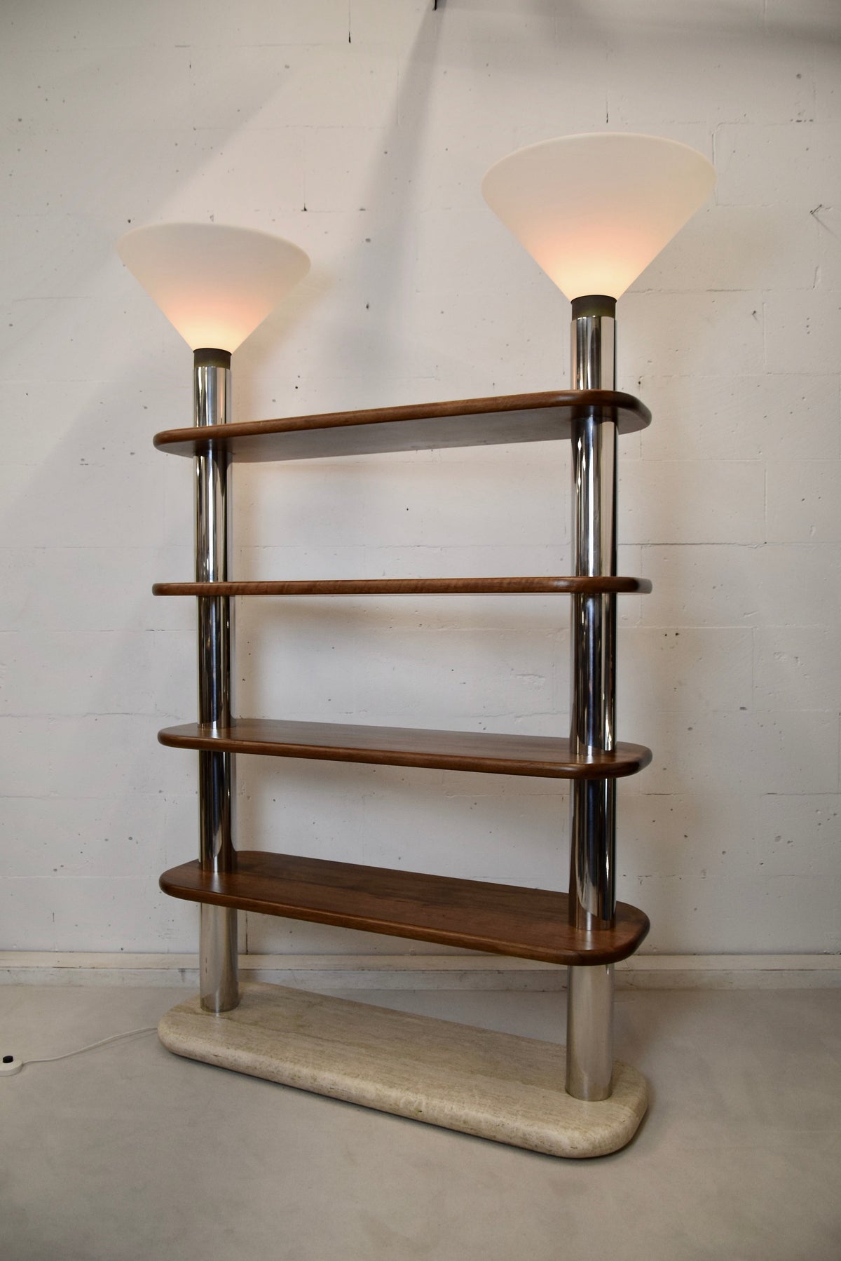 Italian Post Modern Travertine Wood and Polished Stainless Steel Bookcase - storage