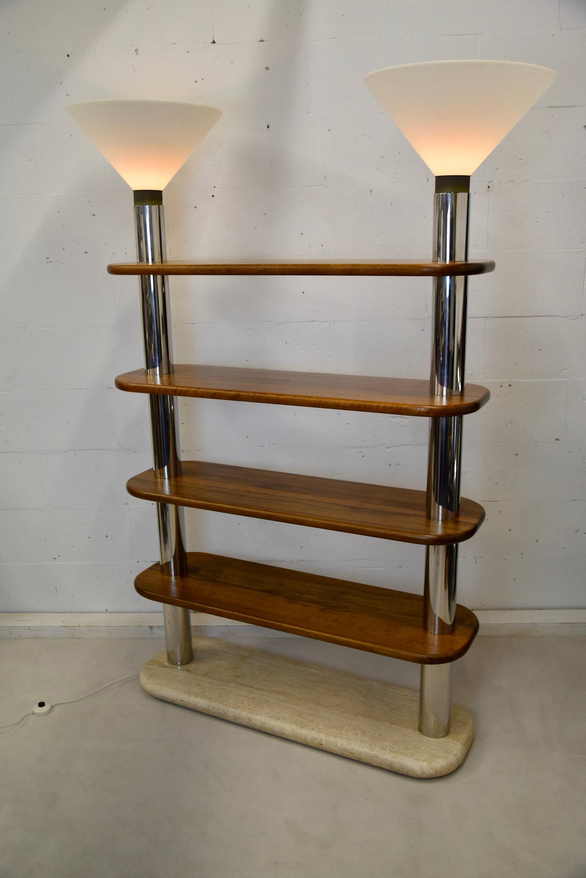 Italian Post Modern Travertine Wood and Polished Stainless Steel Bookcase - storage