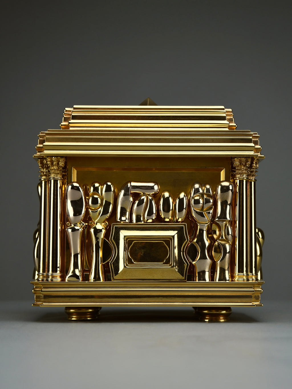 Miguel Berrocal “Il Cofanetto” (Opus 123) 1969–1975 complete 88-piece gold-plated Zamak dining set for two homage